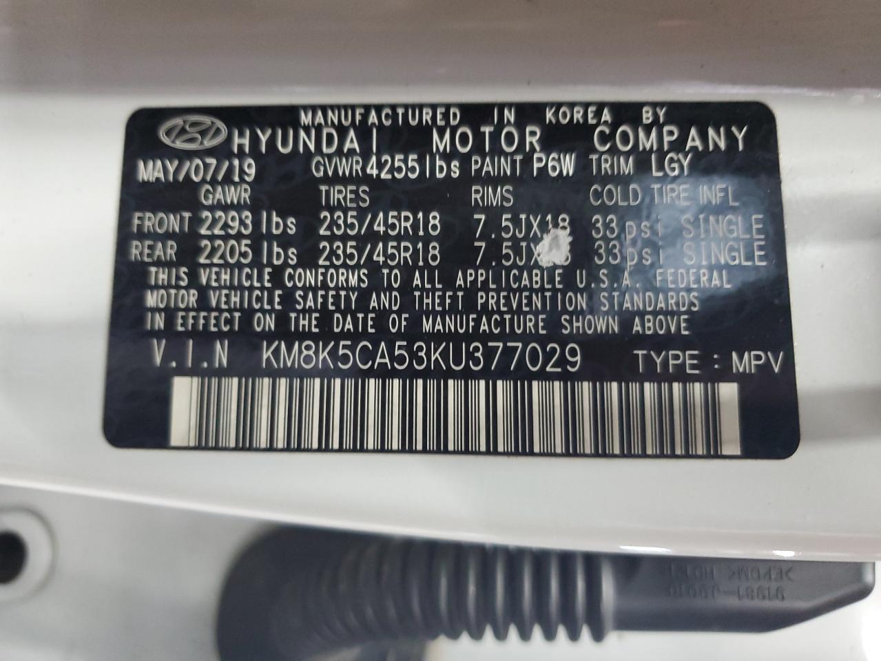 2019 Hyundai Kona Ultimate VIN: KM8K5CA53KU377029 Lot: 67208435