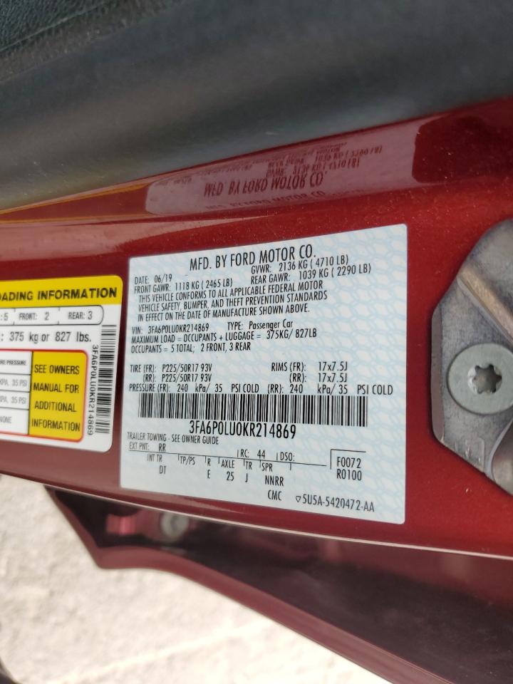 2019 Ford Fusion Se VIN: 3FA6P0LU0KR214869 Lot: 69701555