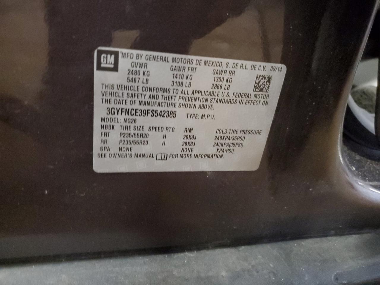 2015 Cadillac Srx Performance Collection VIN: 3GYFNCE39FS542385 Lot: 70360025