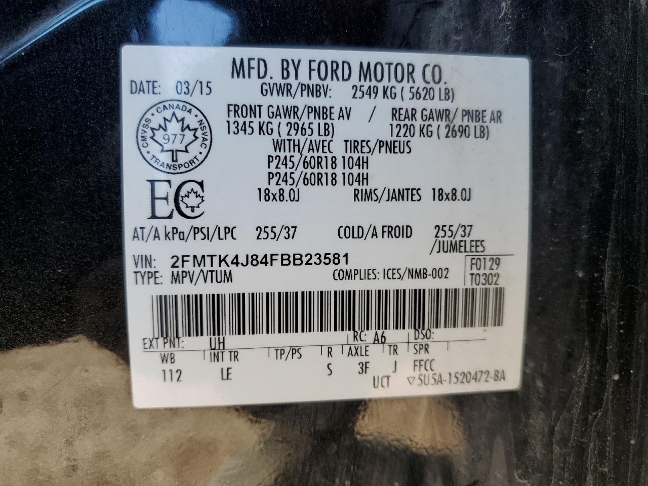 2015 Ford Edge Sel VIN: 2FMTK4J84FBB23581 Lot: 69661075