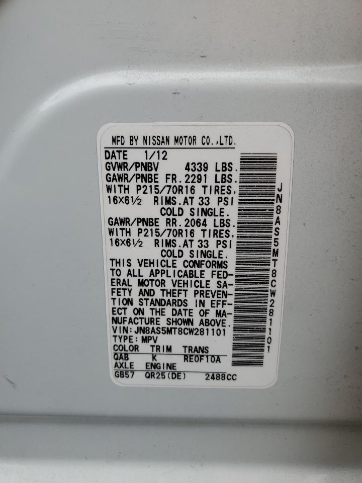 2012 Nissan Rogue S VIN: JN8AS5MT8CW281101 Lot: 70910385