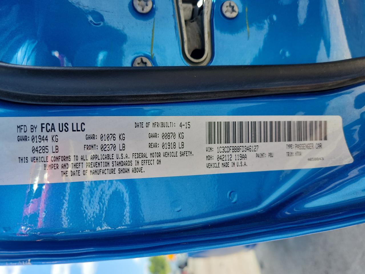 2015 Dodge Dart Sxt VIN: 1C3CDFBB8FD346127 Lot: 70554315