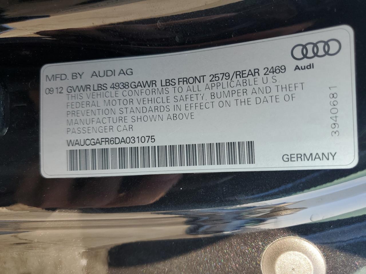 2013 Audi S5 Premium Plus VIN: WAUCGAFR6DA031075 Lot: 67767215