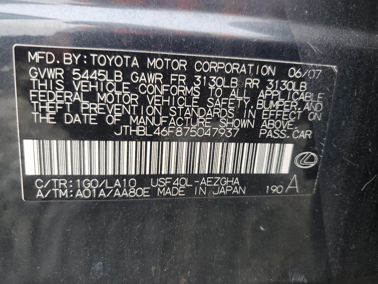 2007 Lexus Ls 460 VIN: JTHBL46F875047937 Lot: 67796675