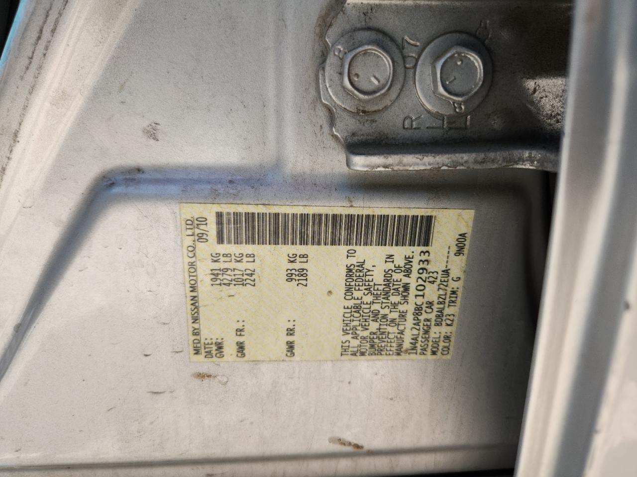 2011 Nissan Altima Base VIN: 1N4AL2AP8BC102933 Lot: 67118205