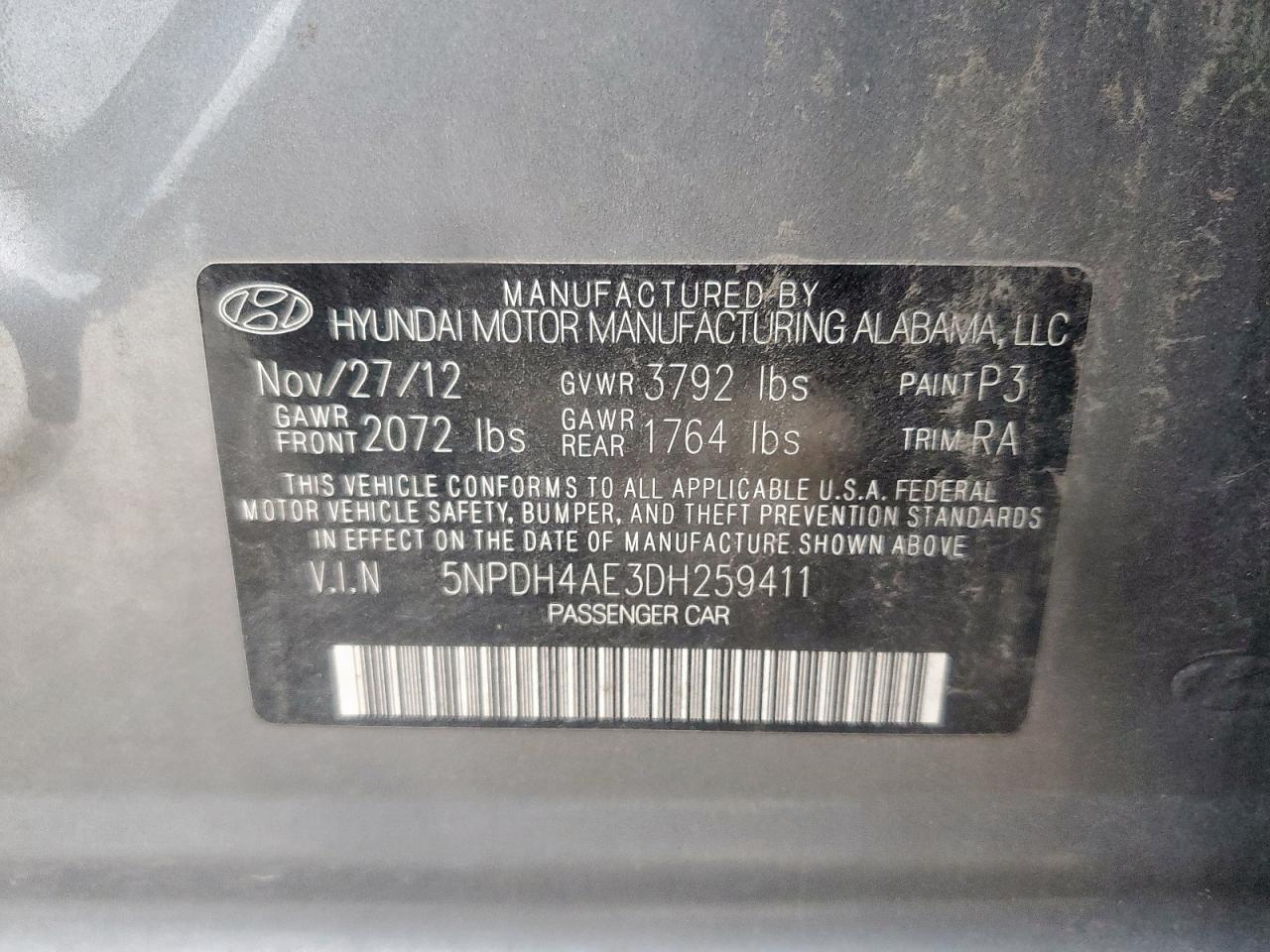 2013 Hyundai Elantra Gls VIN: 5NPDH4AE3DH259411 Lot: 69413335