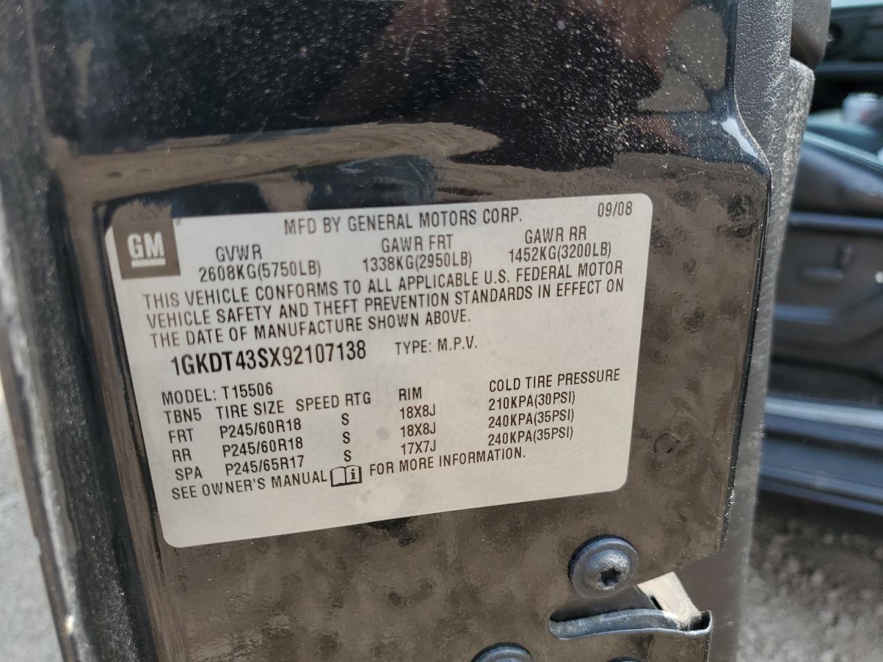 2009 GMC Envoy Slt VIN: 1GKDT43SX92107138 Lot: 67964005