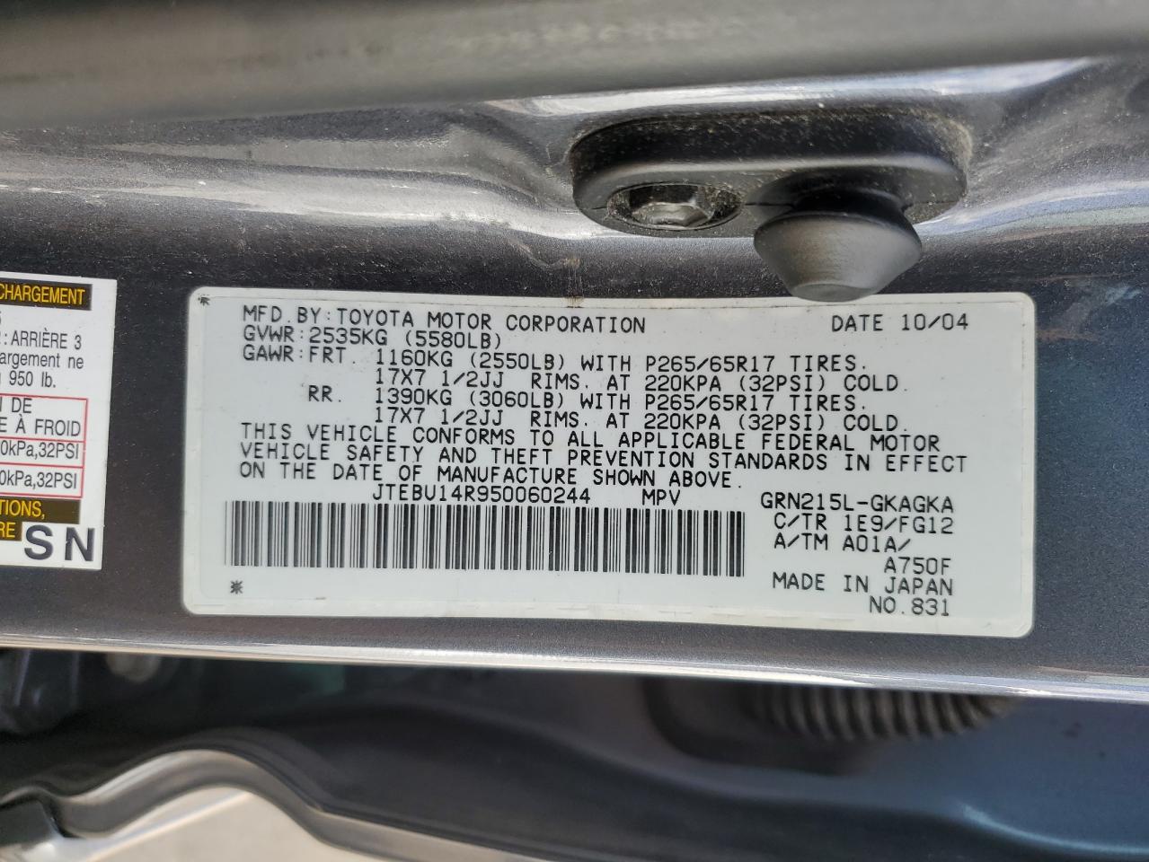 2005 Toyota 4Runner Sr5 VIN: JTEBU14R950060244 Lot: 67826755