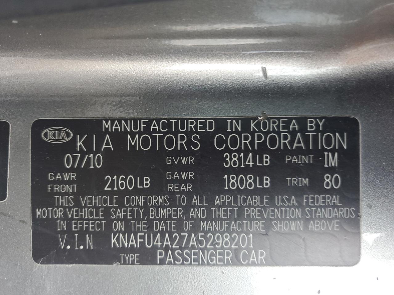 2010 Kia Forte Ex VIN: KNAFU4A27A5298201 Lot: 70867885