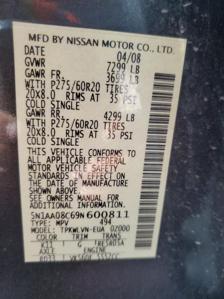 2009 Nissan Armada Se VIN: 5N1AA08C69N600811 Lot: 69451835