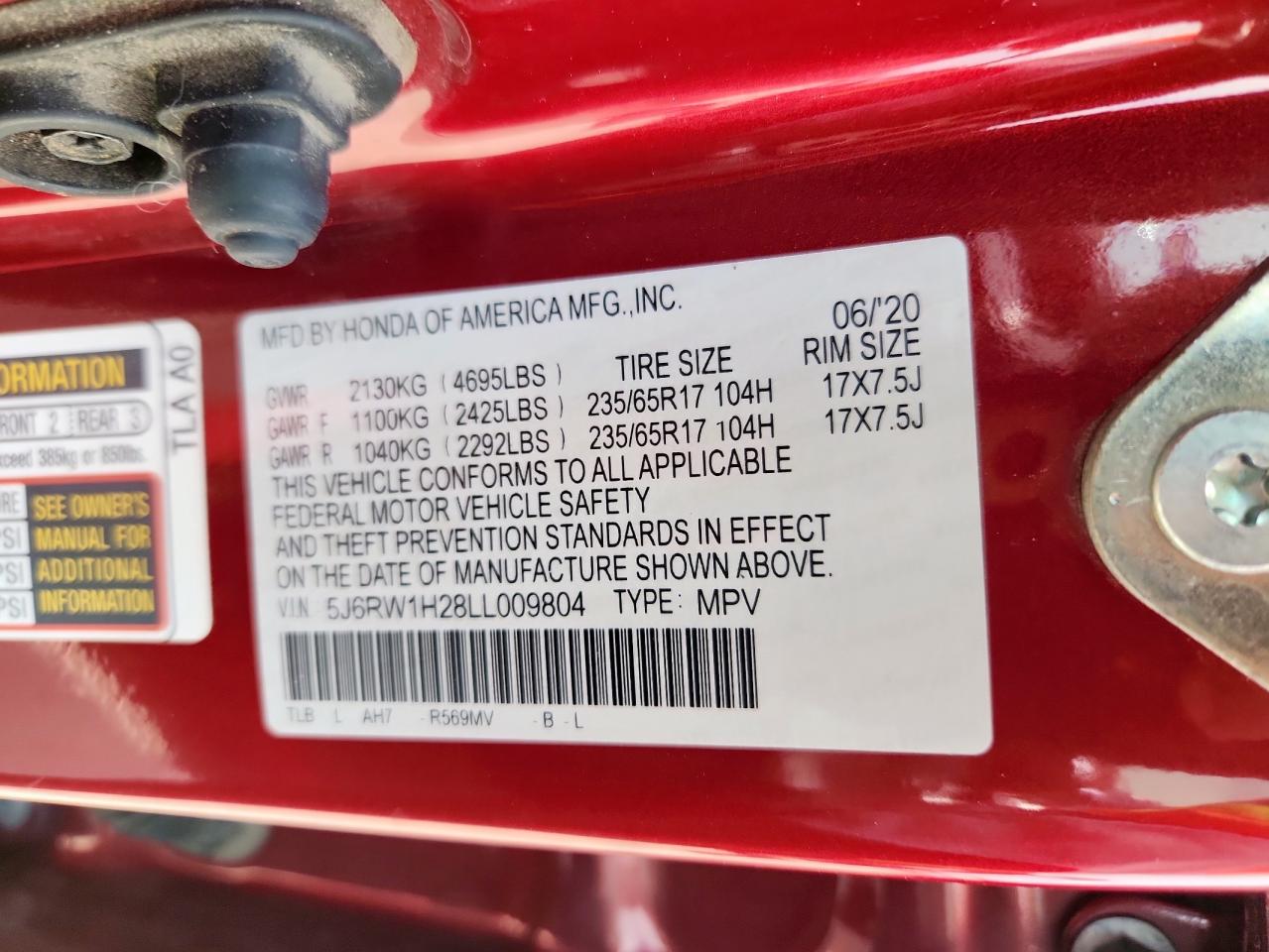 2020 Honda Cr-V Lx VIN: 5J6RW1H28LL009804 Lot: 68458085