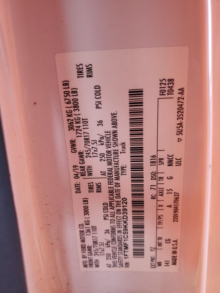 2019 Ford F150 VIN: 1FTMF1C59KKD39120 Lot: 70461015