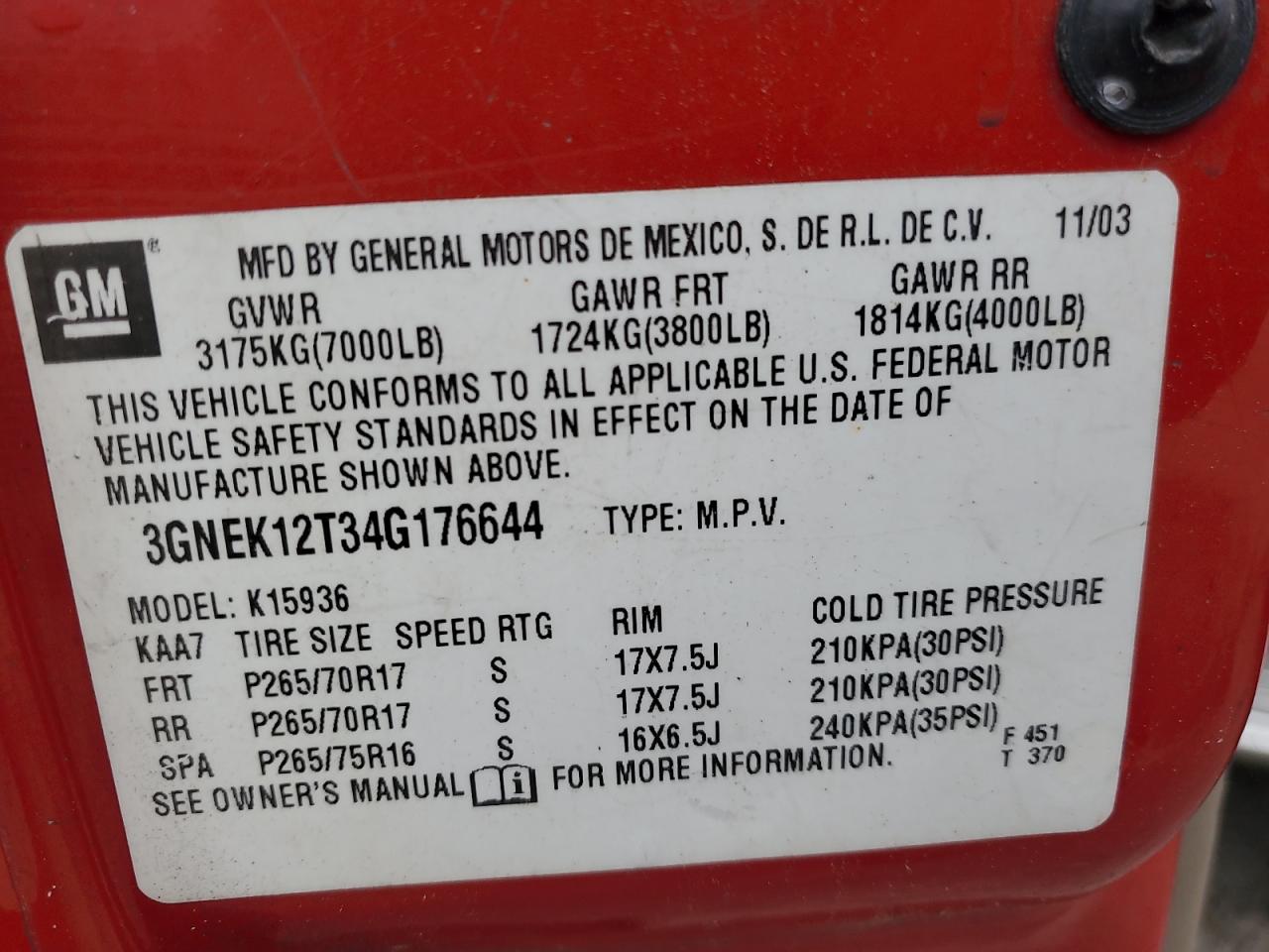 2004 Chevrolet Avalanche K1500 VIN: 3GNEK12T34G176644 Lot: 67835435