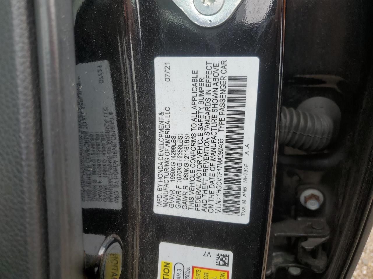 2021 Honda Accord Lx VIN: 1HGCV1F17MA092455 Lot: 68289775