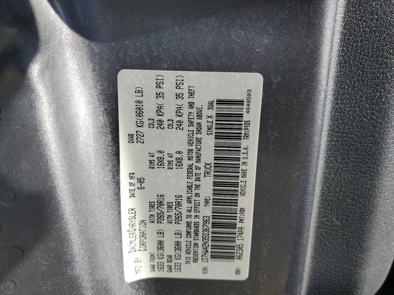 2005 Dodge Dakota Slt VIN: 1D7HW42N35S367963 Lot: 69046135