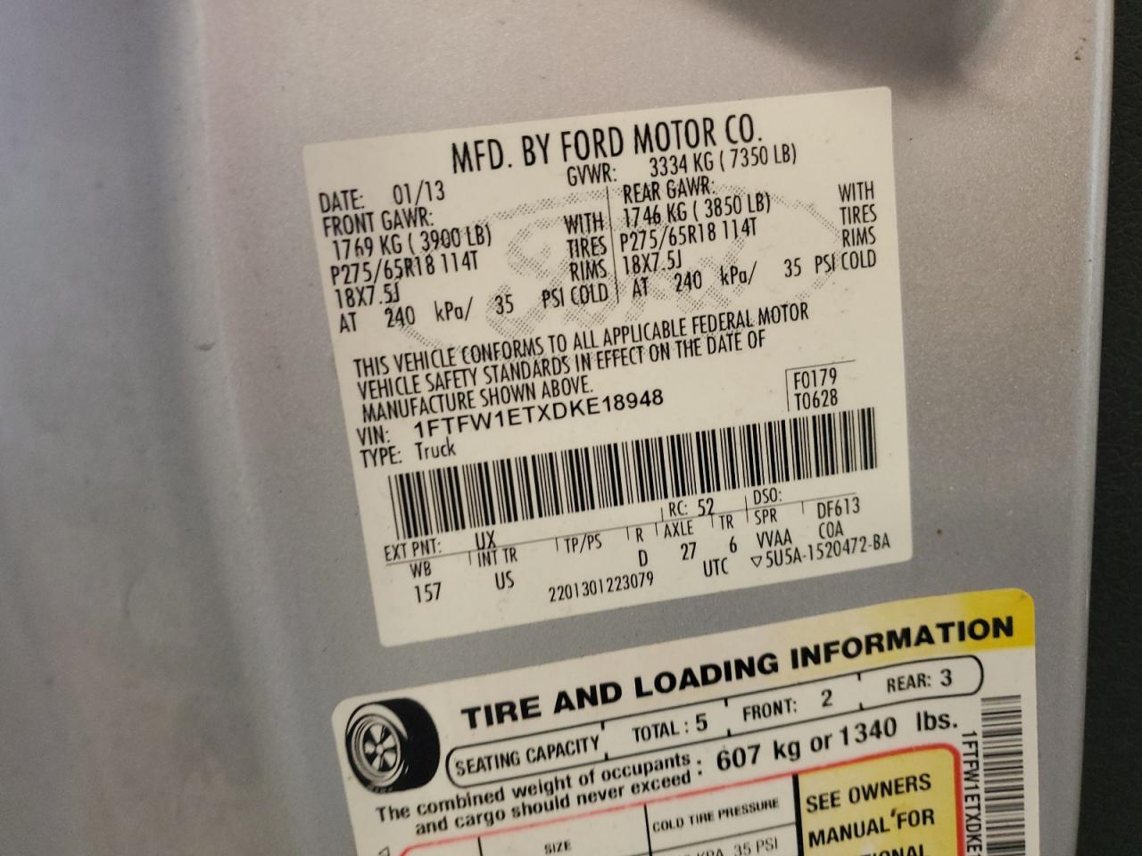 2013 Ford F150 Supercrew VIN: 1FTFW1ETXDKE18948 Lot: 70455185