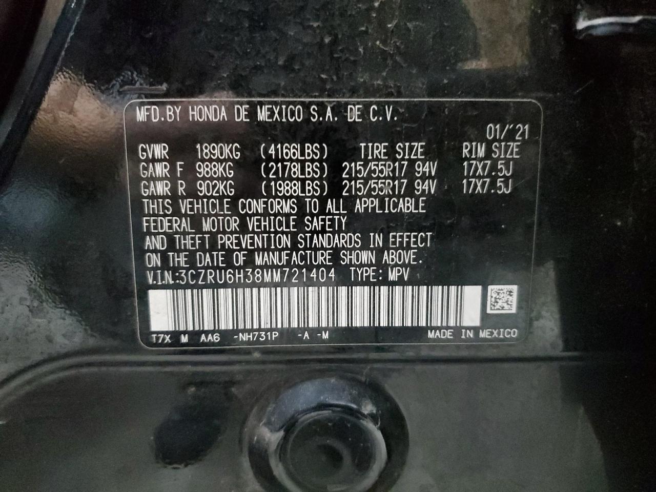 2021 Honda Hr-V Lx VIN: 3CZRU6H38MM721404 Lot: 67817345