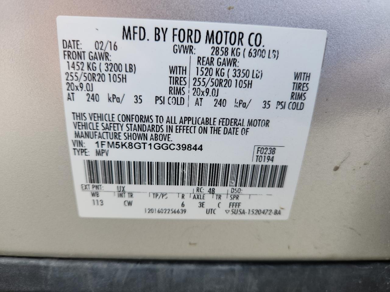 2016 Ford Explorer Sport VIN: 1FM5K8GT1GGC39844 Lot: 69584255