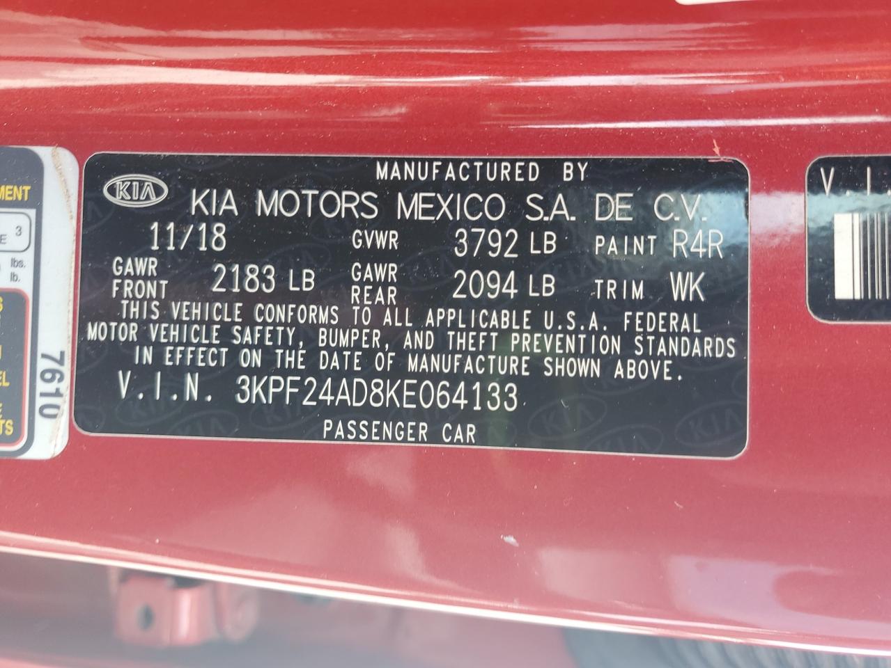 2019 Kia Forte Fe VIN: 3KPF24AD8KE064133 Lot: 68310715