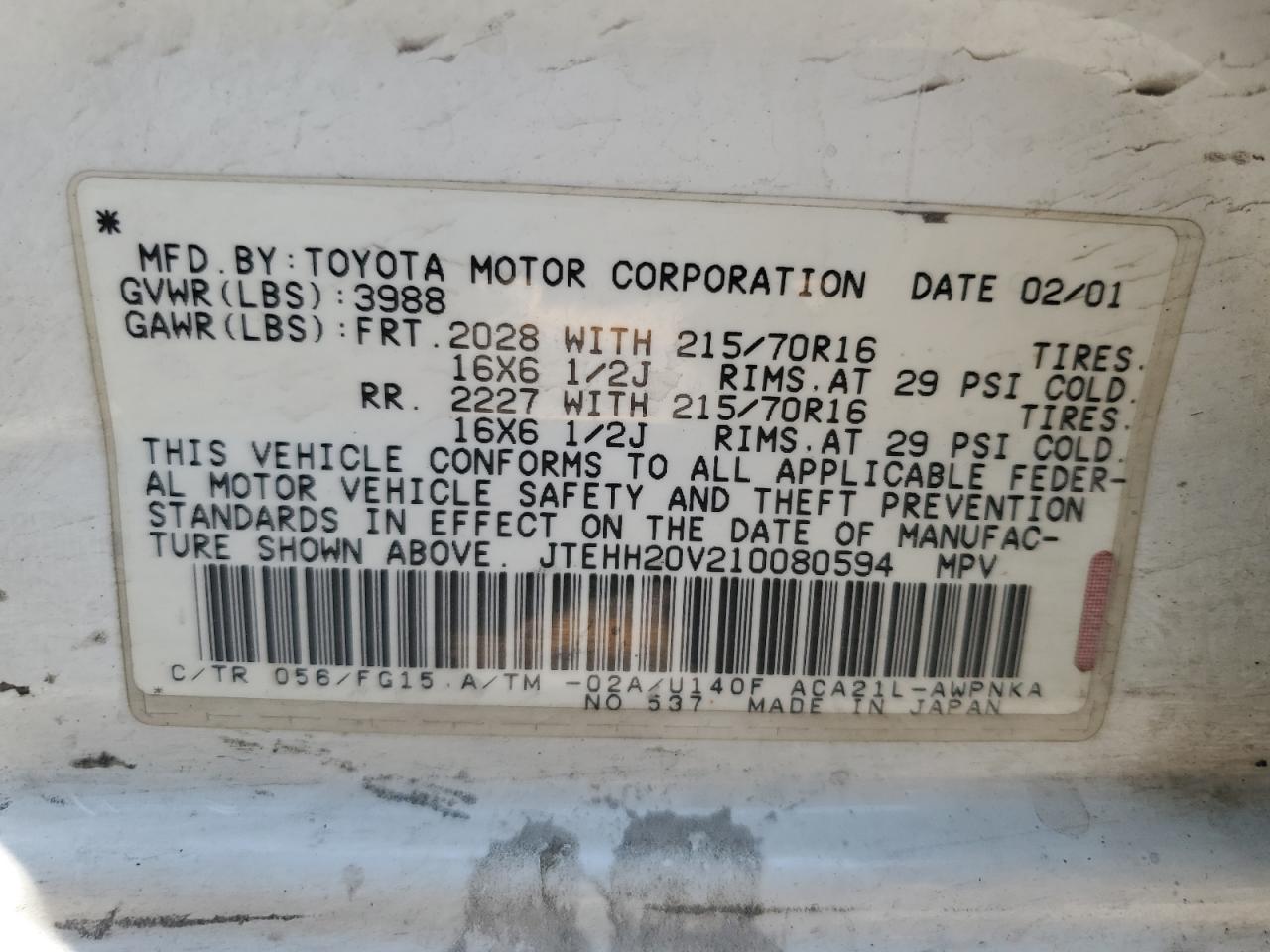 2001 Toyota Rav4 VIN: JTEHH20V210080594 Lot: 68926245