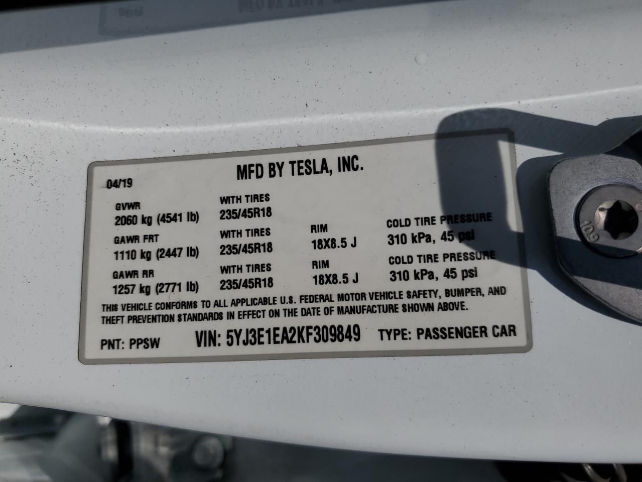 2019 Tesla Model 3 VIN: 5YJ3E1EA2KF309849 Lot: 68019285