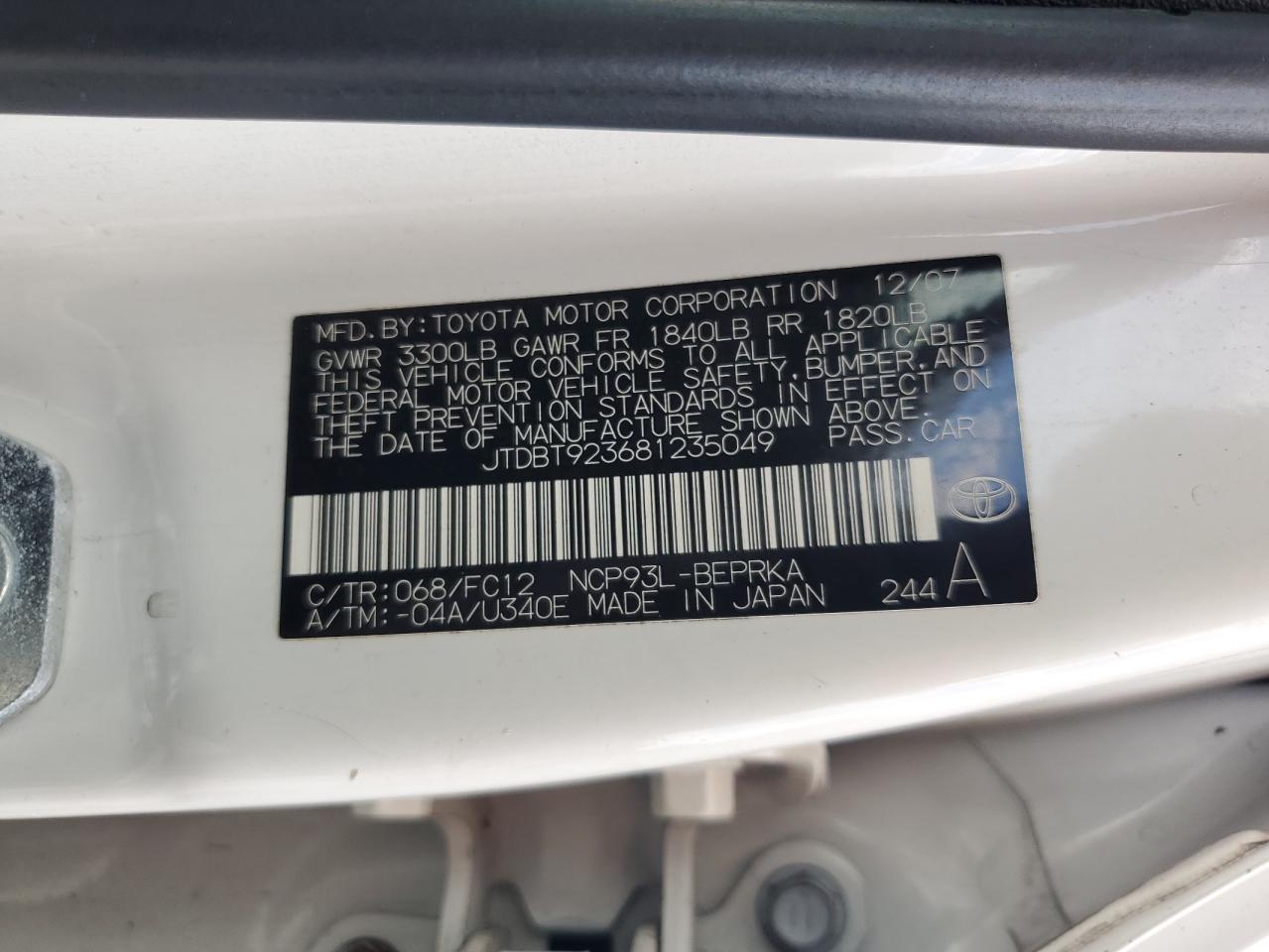 2008 Toyota Yaris VIN: JTDBT923681235049 Lot: 69019055