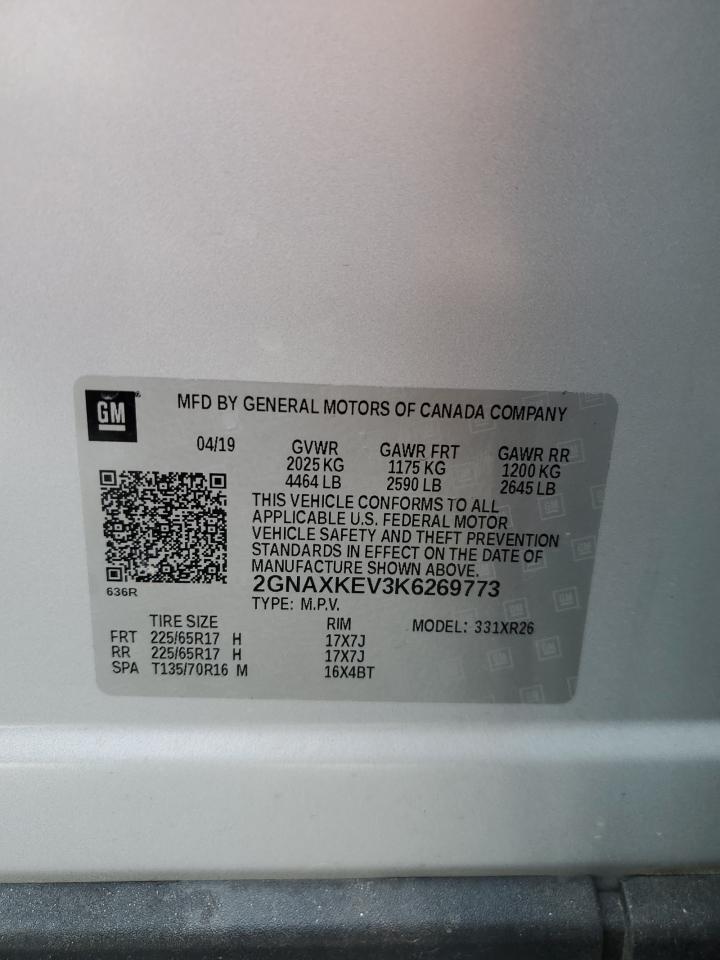 2019 Chevrolet Equinox Lt VIN: 2GNAXKEV3K6269773 Lot: 70891725