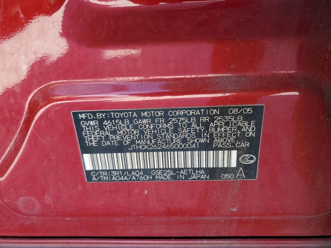 2006 Lexus Is 250 VIN: JTHCK262465000041 Lot: 67652255