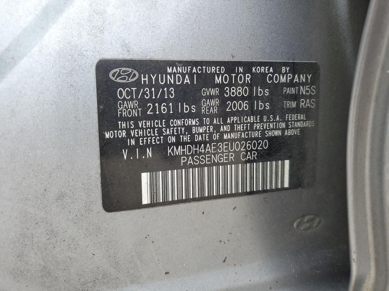 2014 Hyundai Elantra Se VIN: KMHDH4AE3EU026020 Lot: 70229195