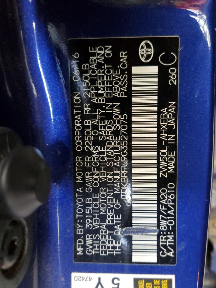 2016 Toyota Prius VIN: JTDKBRFU9G3527075 Lot: 69865355