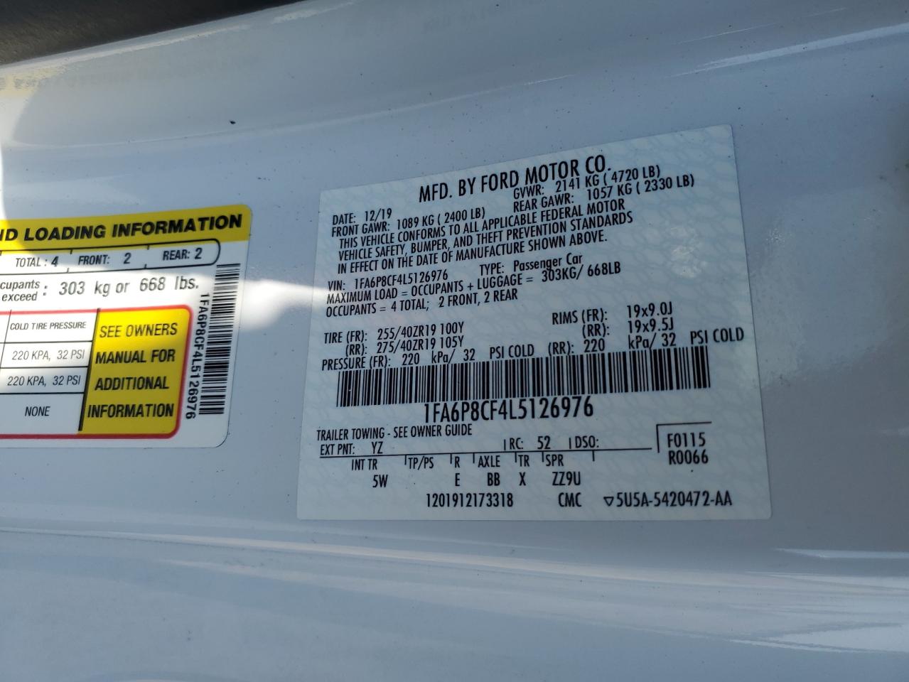 2020 Ford Mustang Gt VIN: 1FA6P8CF4L5126976 Lot: 67757995