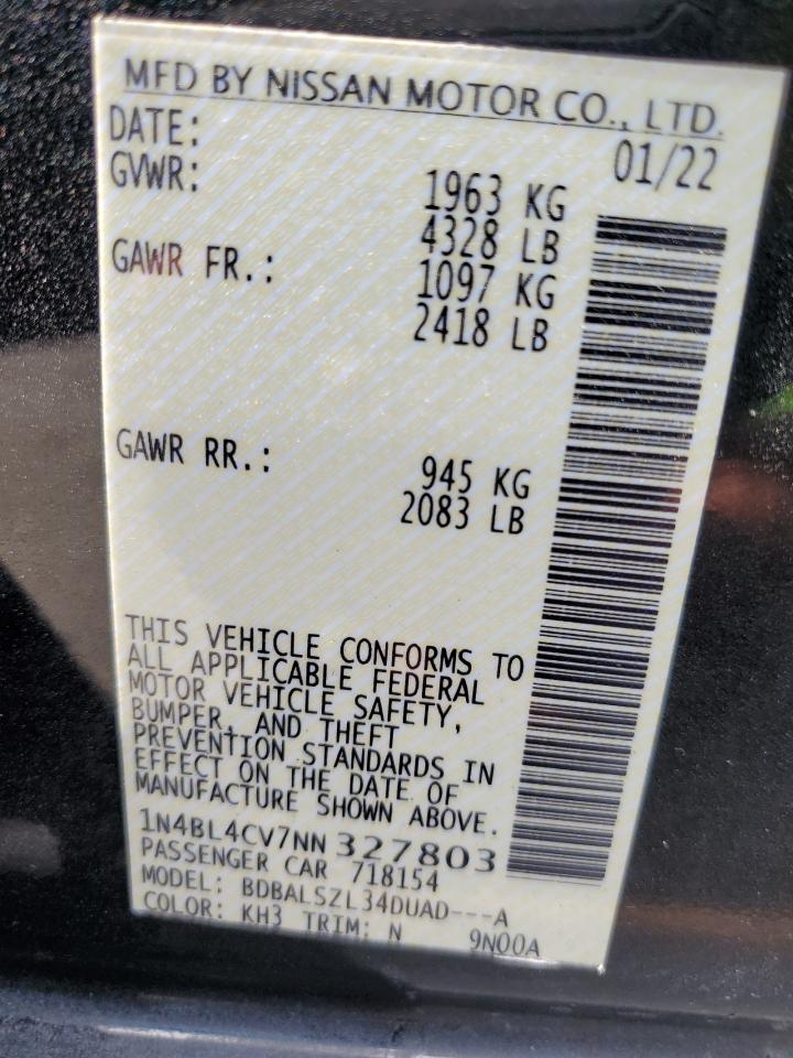 2022 Nissan Altima Sr VIN: 1N4BL4CV7NN327803 Lot: 70003145