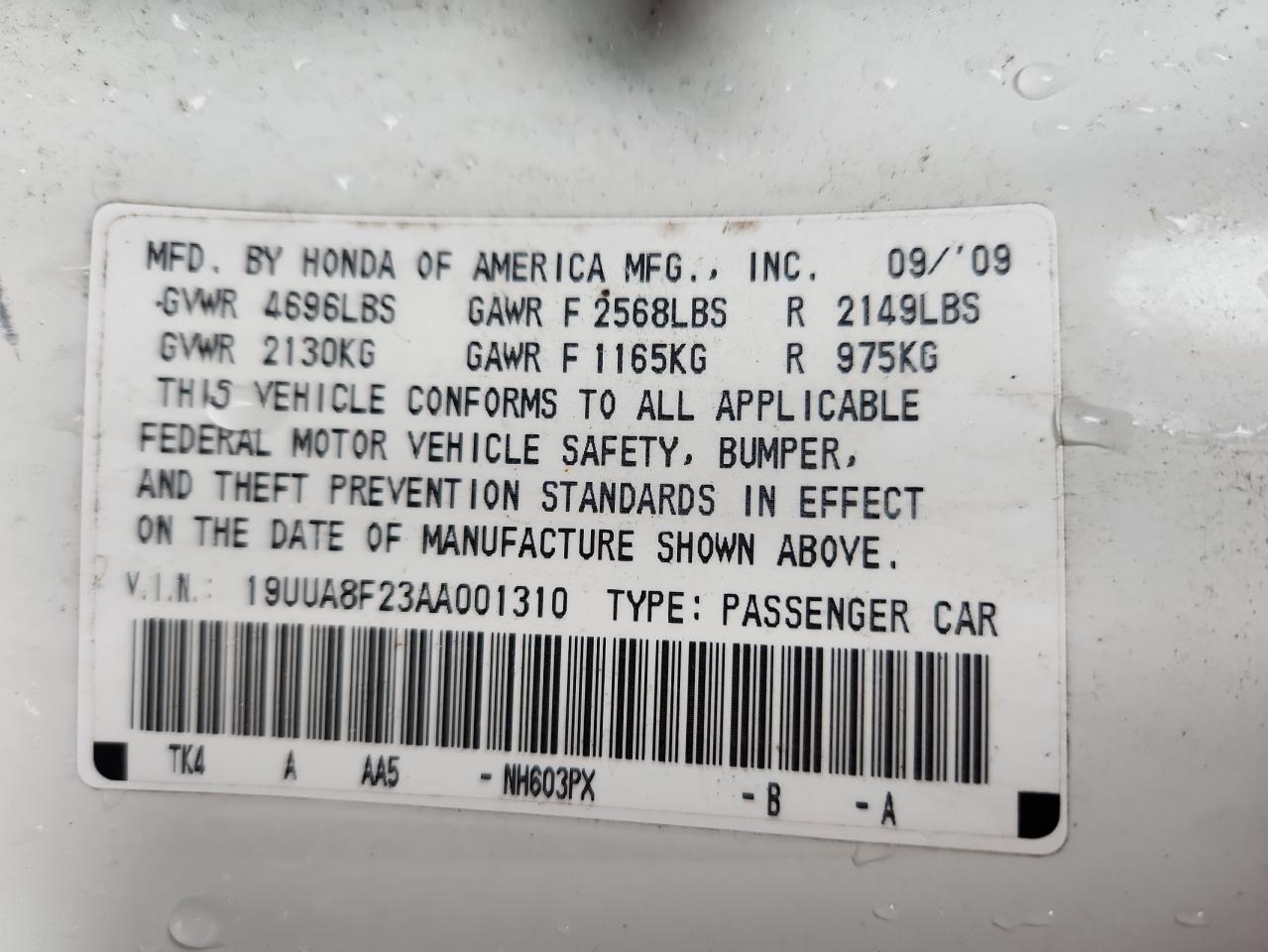 2010 Acura Tl VIN: 19UUA8F23AA001310 Lot: 66673765