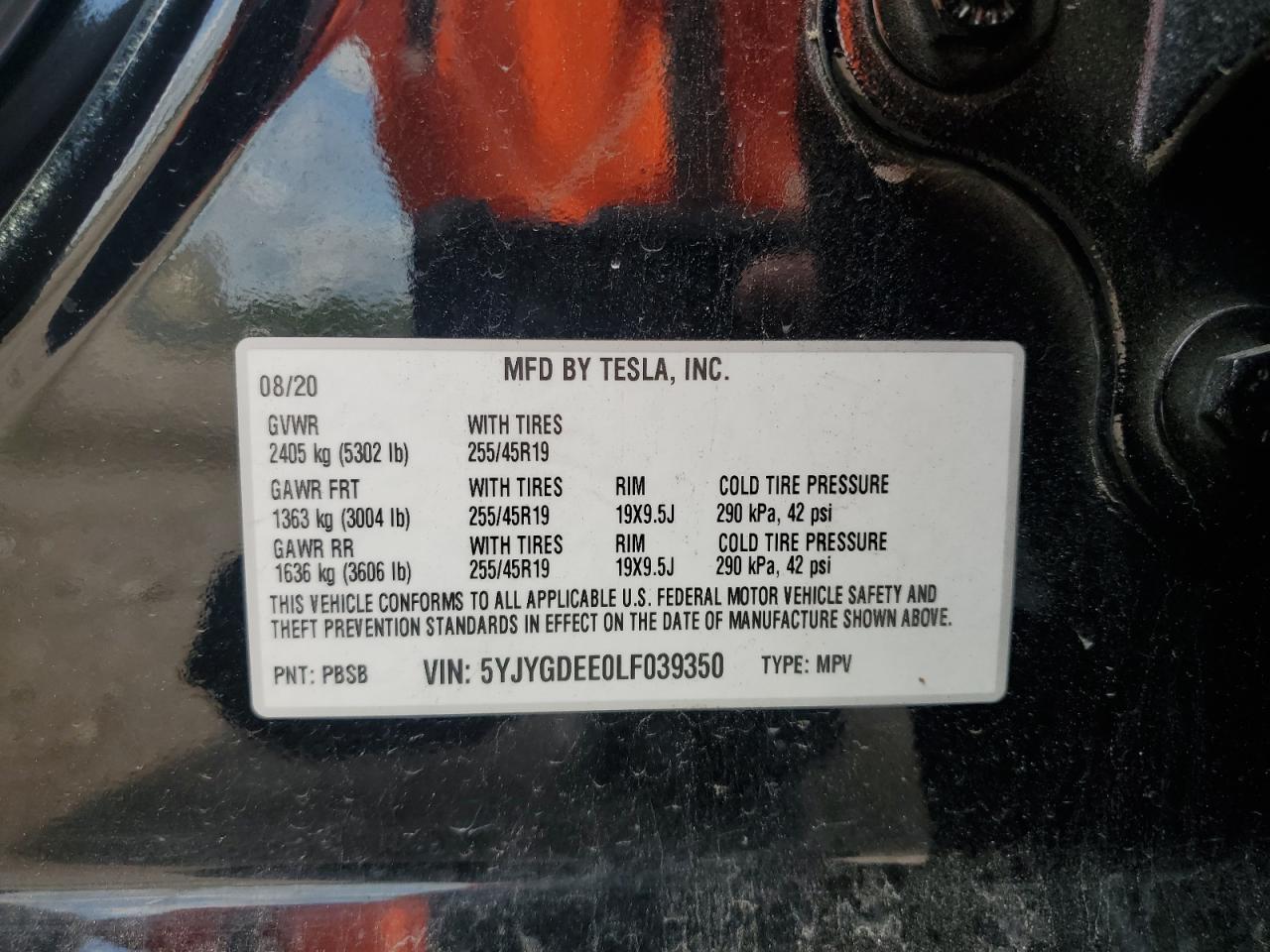 2020 Tesla Model Y VIN: 5YJYGDEE0LF039350 Lot: 68273435