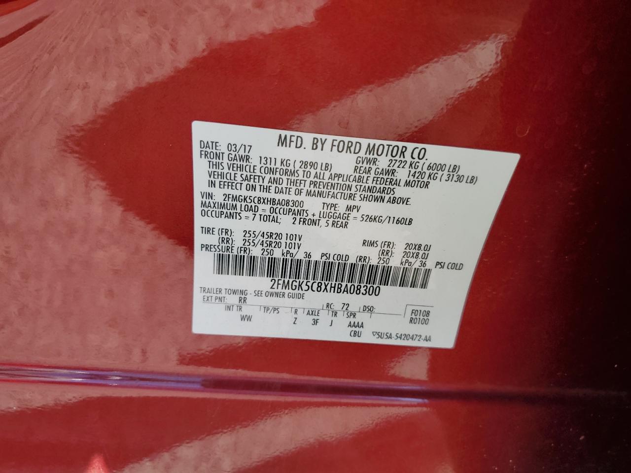 2017 Ford Flex Sel VIN: 2FMGK5C8XHBA08300 Lot: 69102315