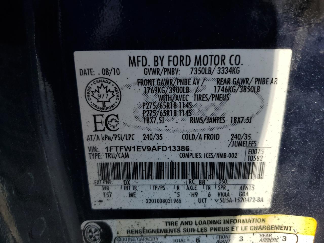 2010 Ford F150 Supercrew VIN: 1FTFW1EV9AFD13386 Lot: 70008705