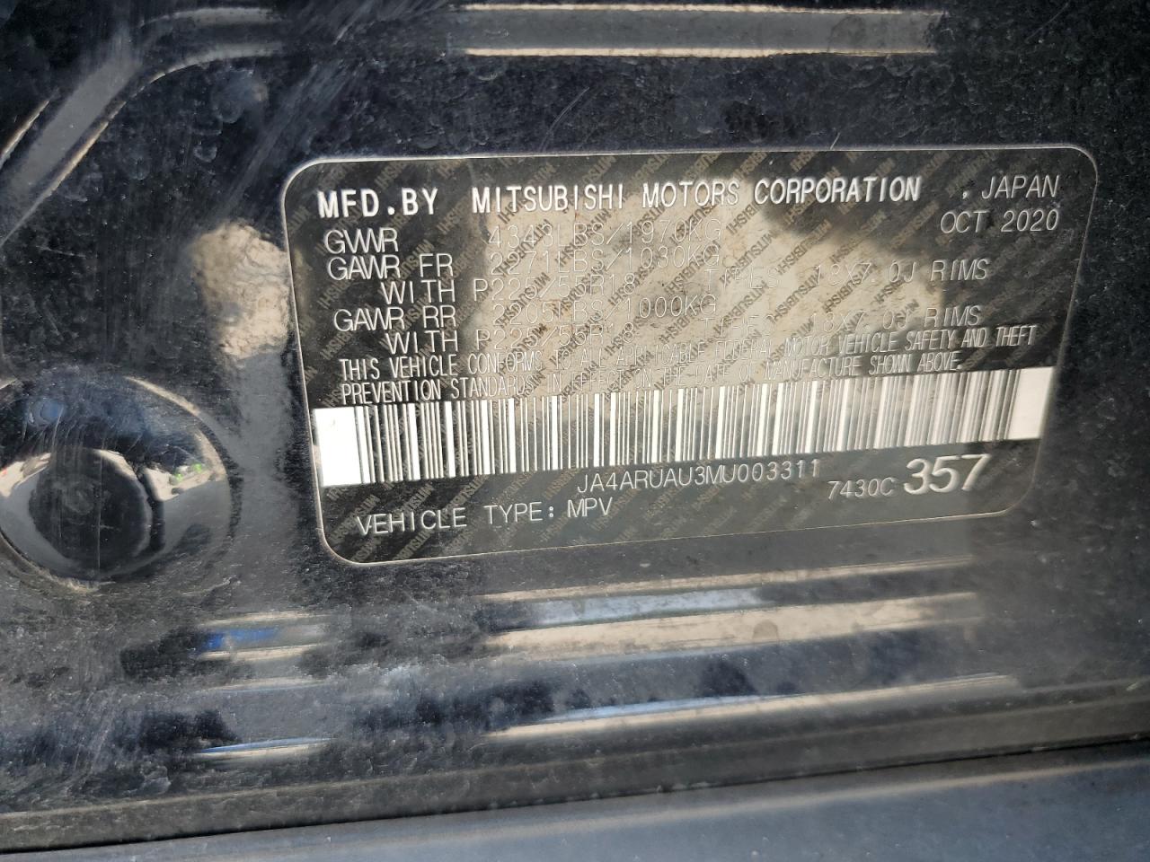 2021 Mitsubishi Outlander Sport Es VIN: JA4ARUAU3MU003311 Lot: 70661835