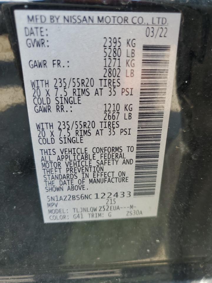 2022 Nissan Murano Sv VIN: 5N1AZ2BS6NC122433 Lot: 69577875