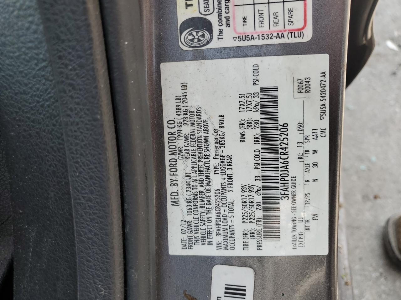 2012 Ford Fusion Sel VIN: 3FAHP0JA6CR425206 Lot: 69609885