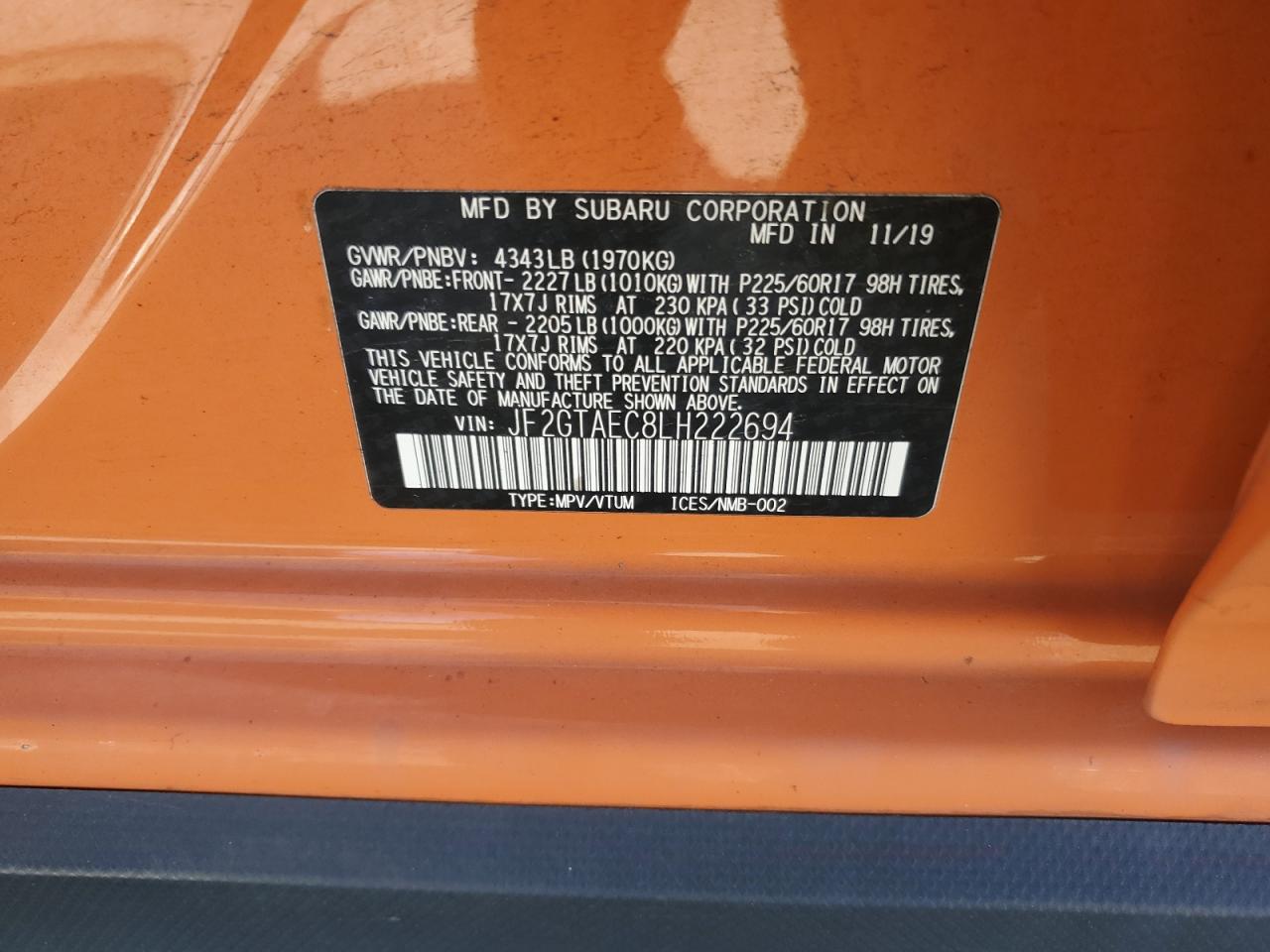 2020 Subaru Crosstrek Premium VIN: JF2GTAEC8LH222694 Lot: 70559525