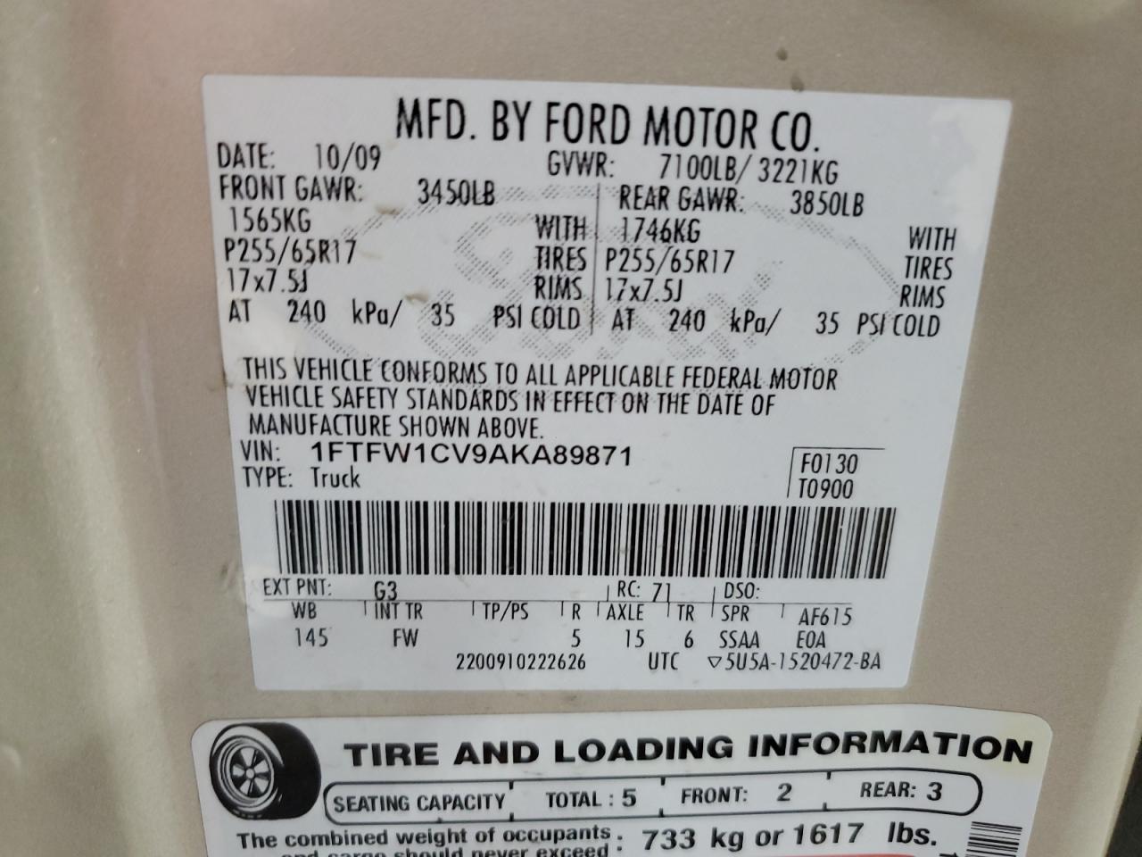 2010 Ford F150 Supercrew VIN: 1FTFW1CV9AKA89871 Lot: 67852425