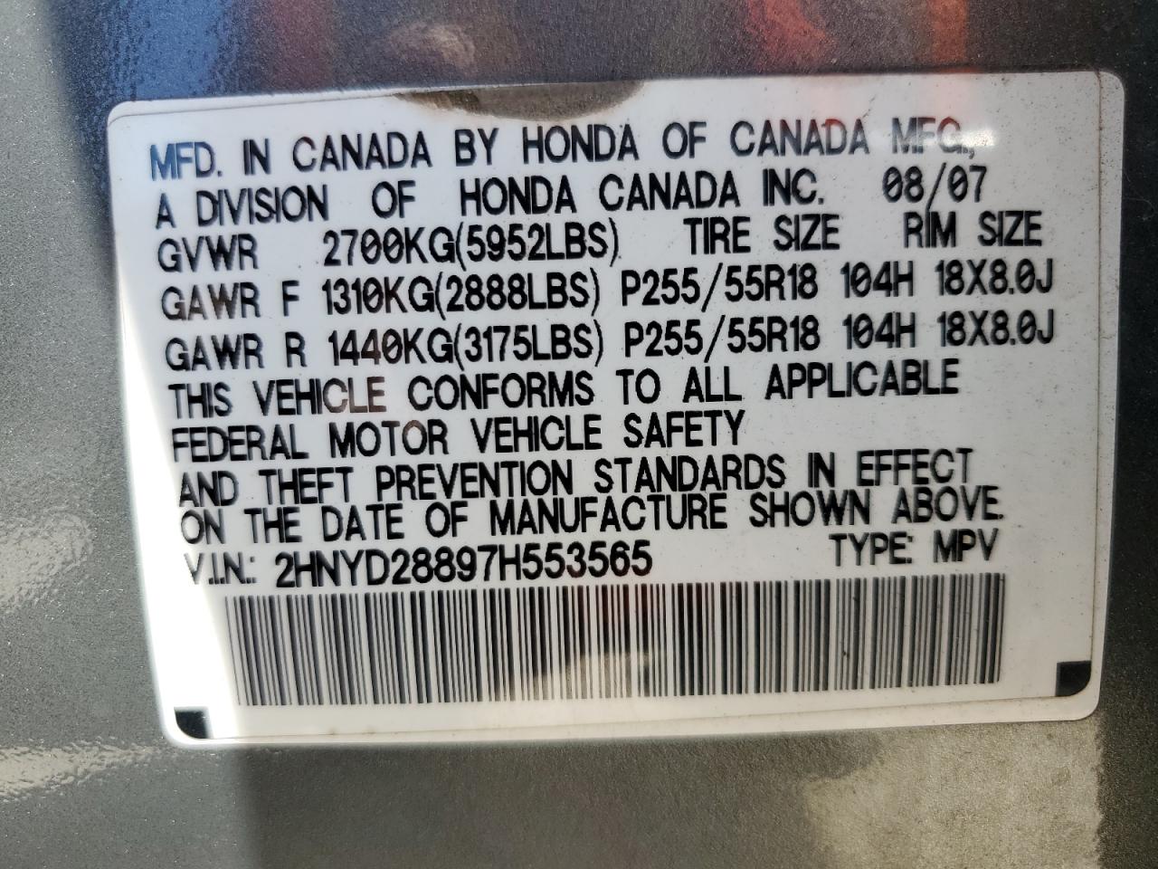 2007 Acura Mdx Sport VIN: 2HNYD28897H553565 Lot: 69445735