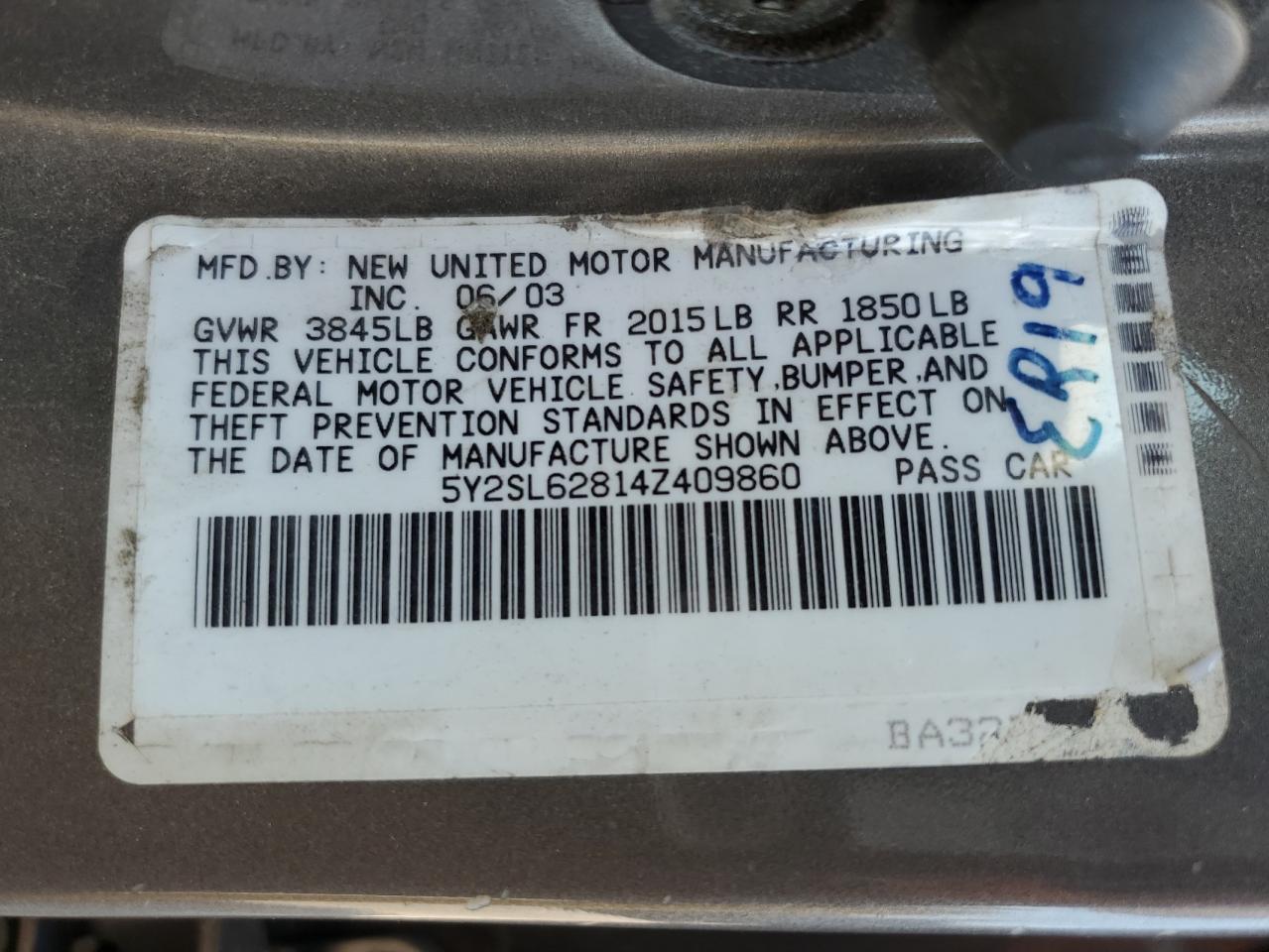2004 Pontiac Vibe VIN: 5Y2SL62814Z409860 Lot: 67849525