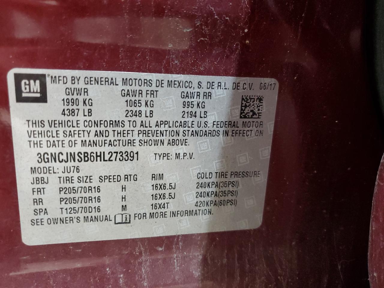 2017 Chevrolet Trax Ls VIN: 3GNCJNSB6HL273391 Lot: 65790125