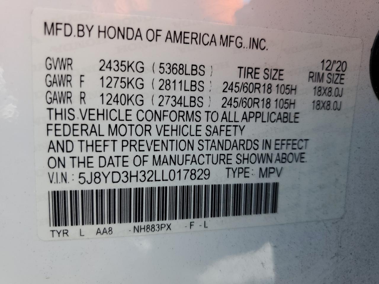 2020 Acura Mdx VIN: 5J8YD3H32LL017829 Lot: 67944845