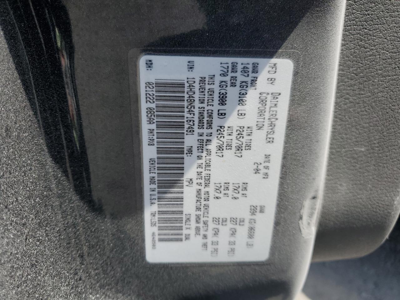 2004 Dodge Durango Slt VIN: 1D4HD48N54F167491 Lot: 69542875
