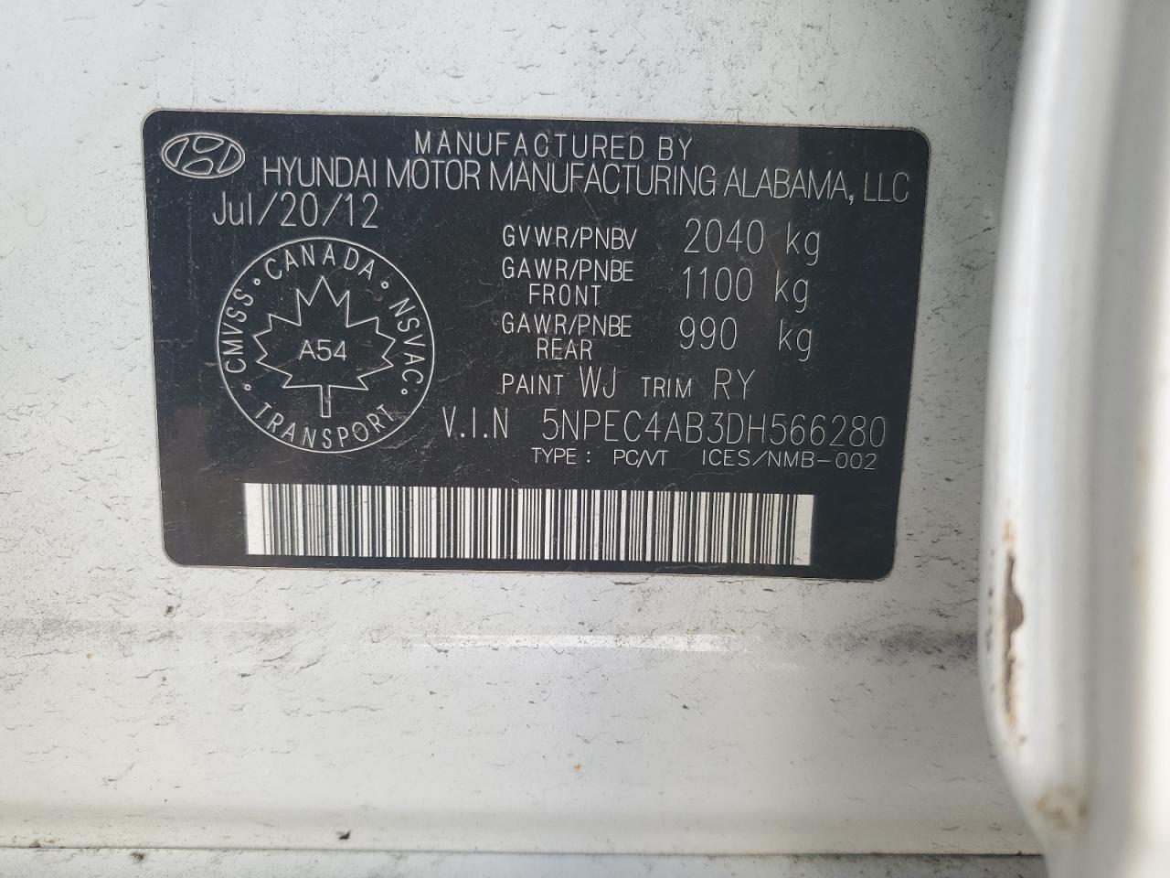 2013 Hyundai Sonata Se VIN: 5NPEC4AB3DH566280 Lot: 70997725