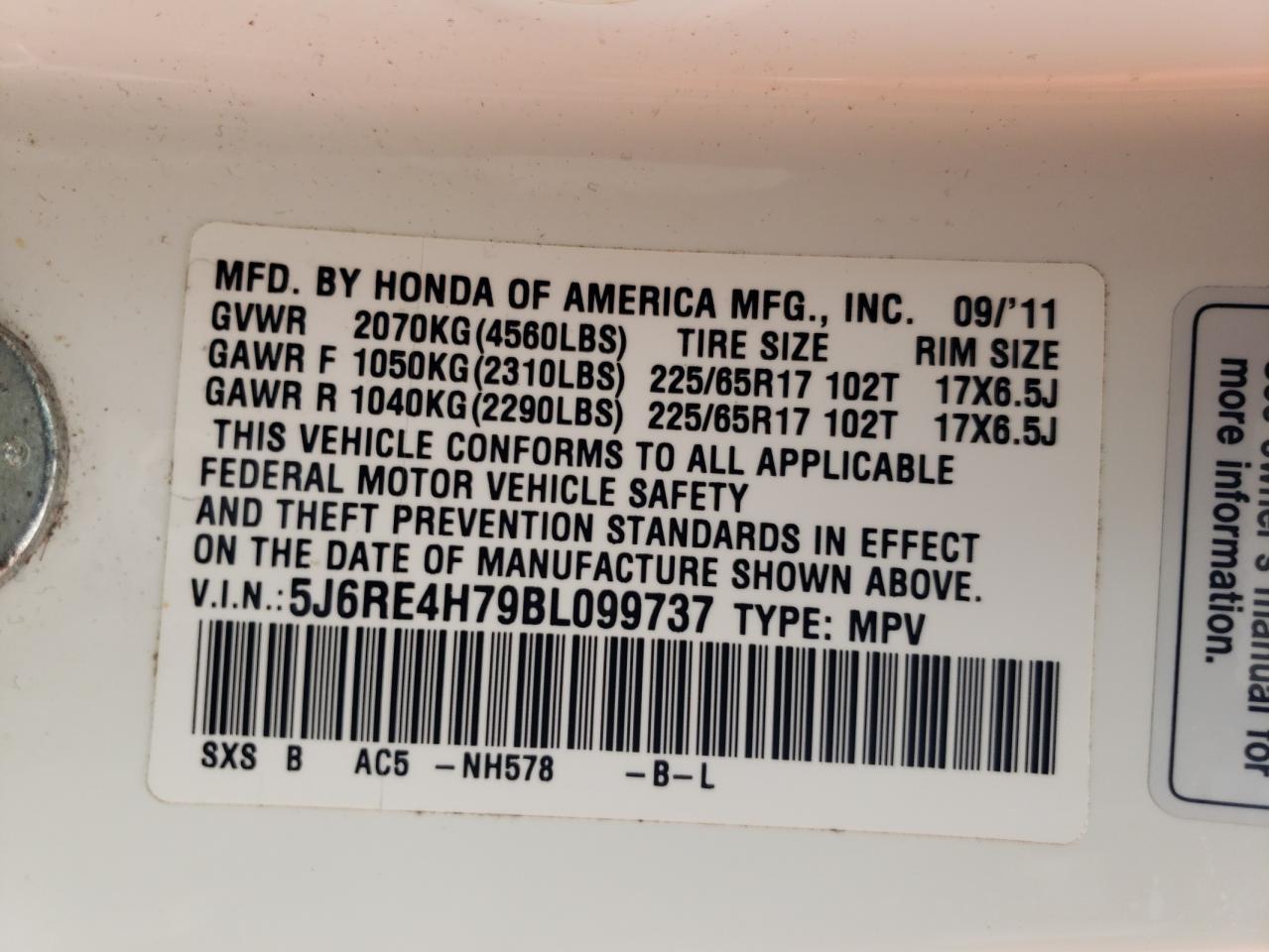 2011 Honda Cr-V Exl VIN: 5J6RE4H79BL099737 Lot: 67272095