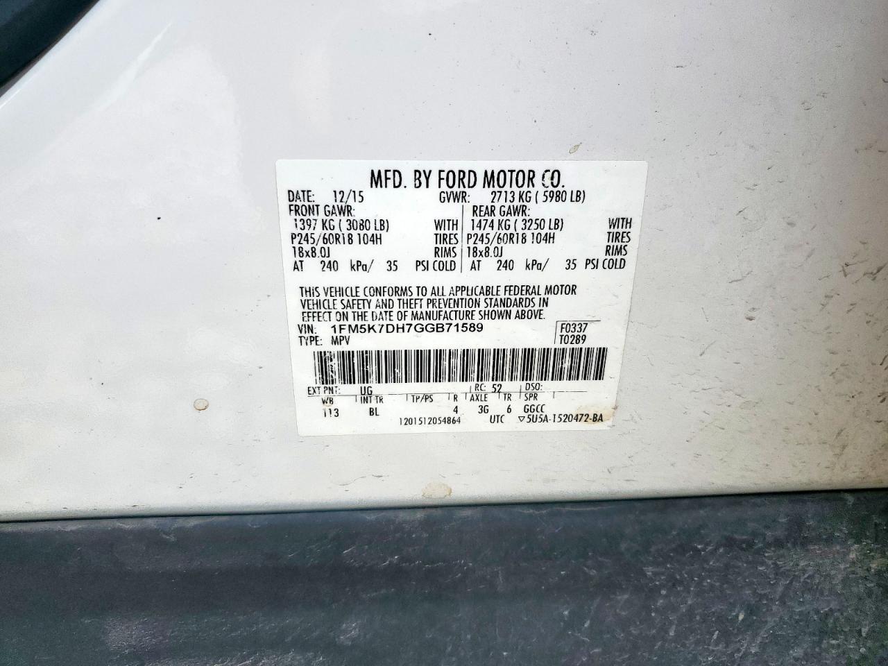 2016 Ford Explorer Xlt VIN: 1FM5K7DH7GGB71589 Lot: 67639195