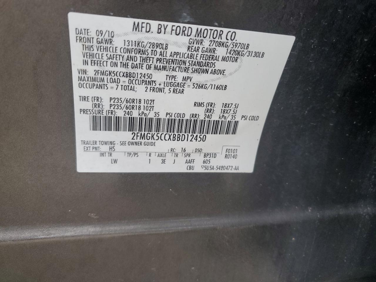 2011 Ford Flex Sel VIN: 2FMGK5CCXBBD12450 Lot: 69414955